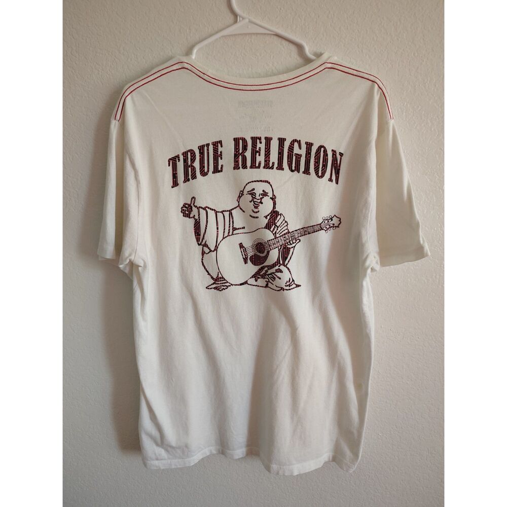 True Religion White T-Shirt Red Buddha Guitar Graphic Contrast Stitch Men's Y2K